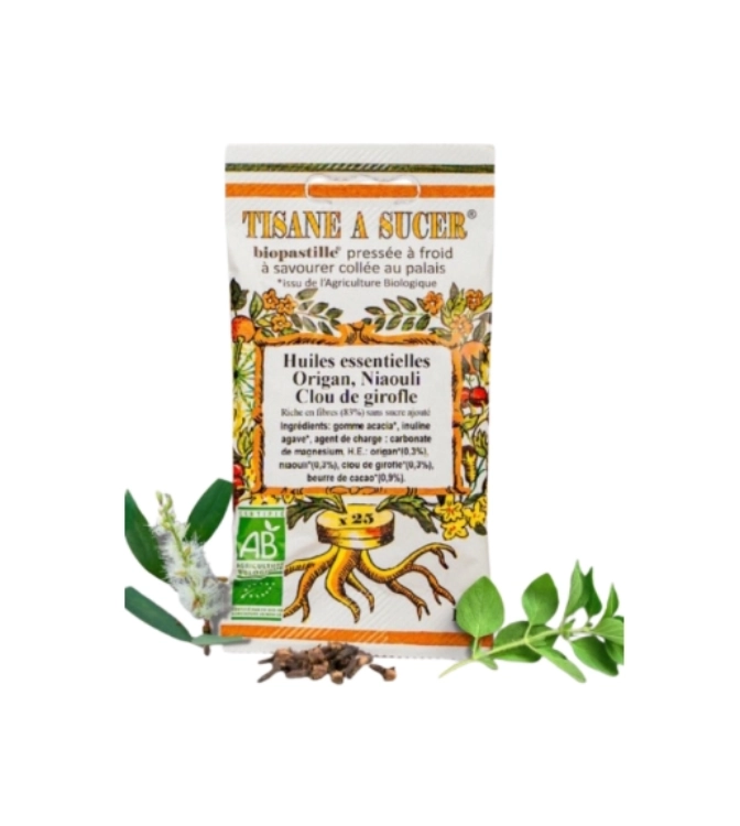 Tisane à sucer HUILES ESSENTIELLES ORIGAN/NIAOULI/GIROFLE - BIOPASTILLE